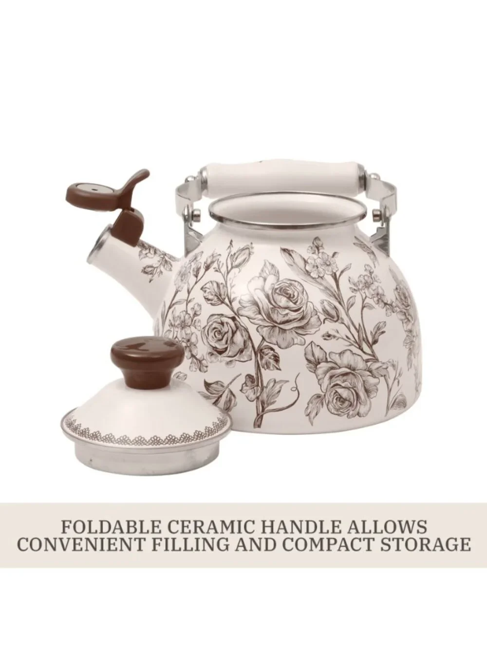 The Pioneer Woman Brown Enamel on Steel Agatha 2.0-Quart Whistling Tea Kettle